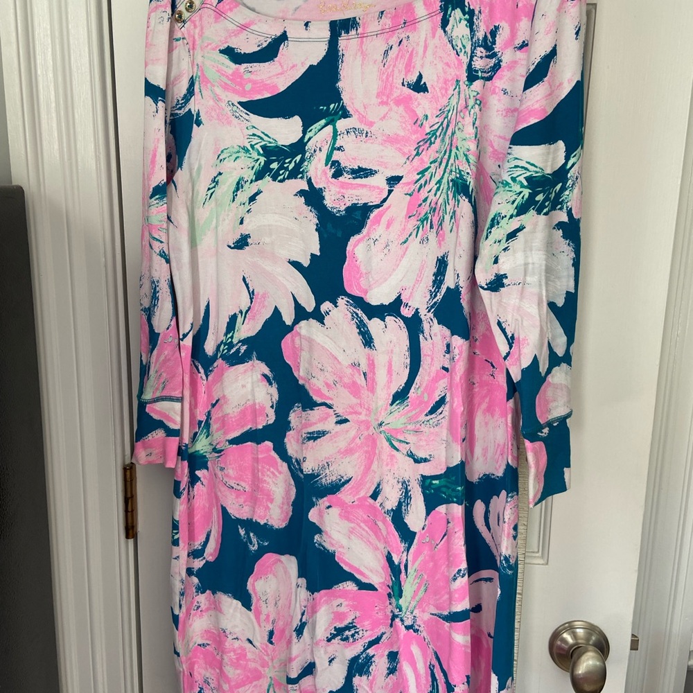 Lilly Pulitzer Teal Shift Dress with Pink & White Floral Print GUC size Large